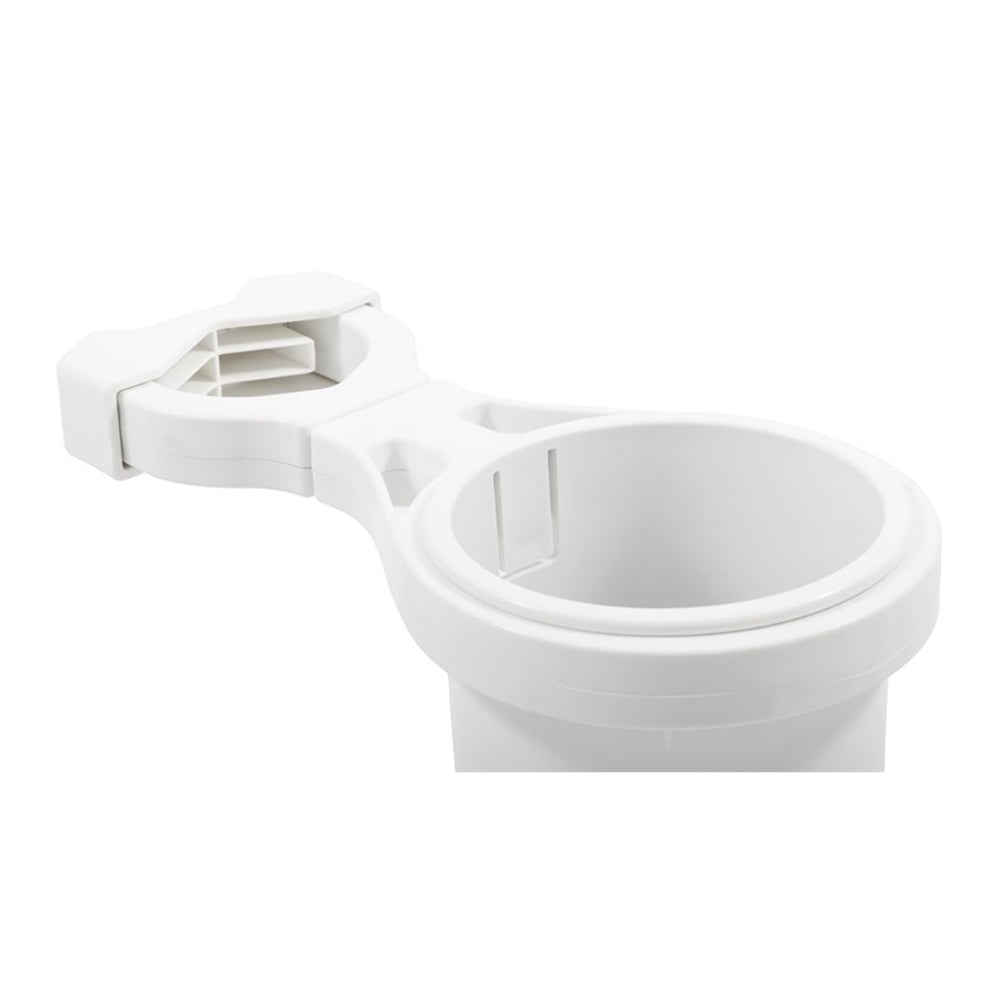 Camco ClampOn Rail Mounted Cup Holder  Large for Up to 2 Rail  White 53083