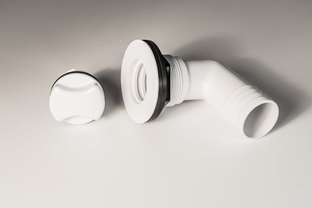 Fish Box Drain, 1-1/2", 90 Degree, With Drain Plug