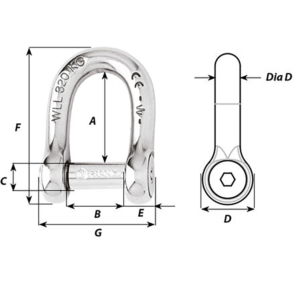 Wichard SelfLocking Allen Head Pin D Shackle  10mm Diameter  1332 1305W