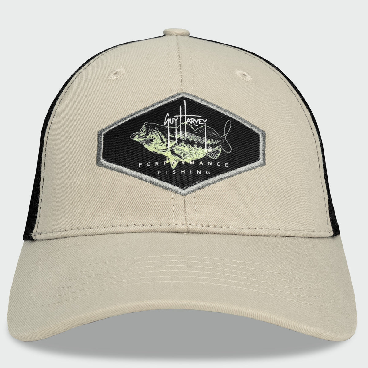 Guy Harvey Bass Patch Khaki Trucker Hat — CLASSIC KHAKI (official product shot)