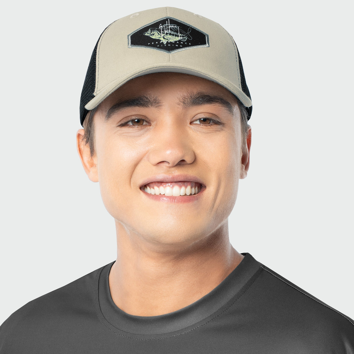 Guy Harvey Bass Patch Khaki Trucker Hat — CLASSIC KHAKI (official product shot)