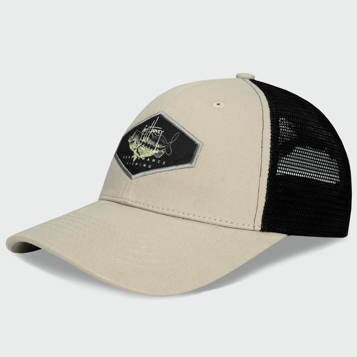 Guy Harvey Bass Patch Khaki Trucker Hat — CLASSIC KHAKI (official product shot)