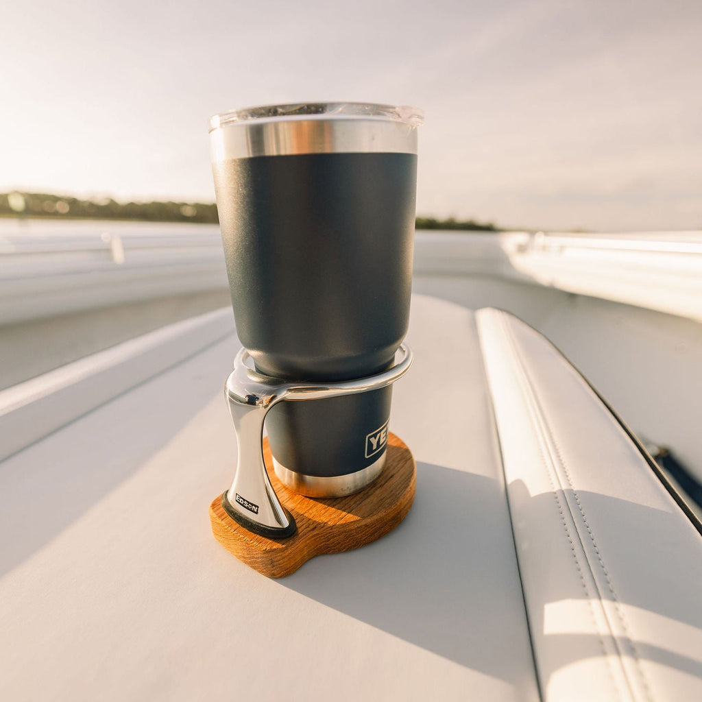 Drink Holder, Single, Stainless with Teak Base
