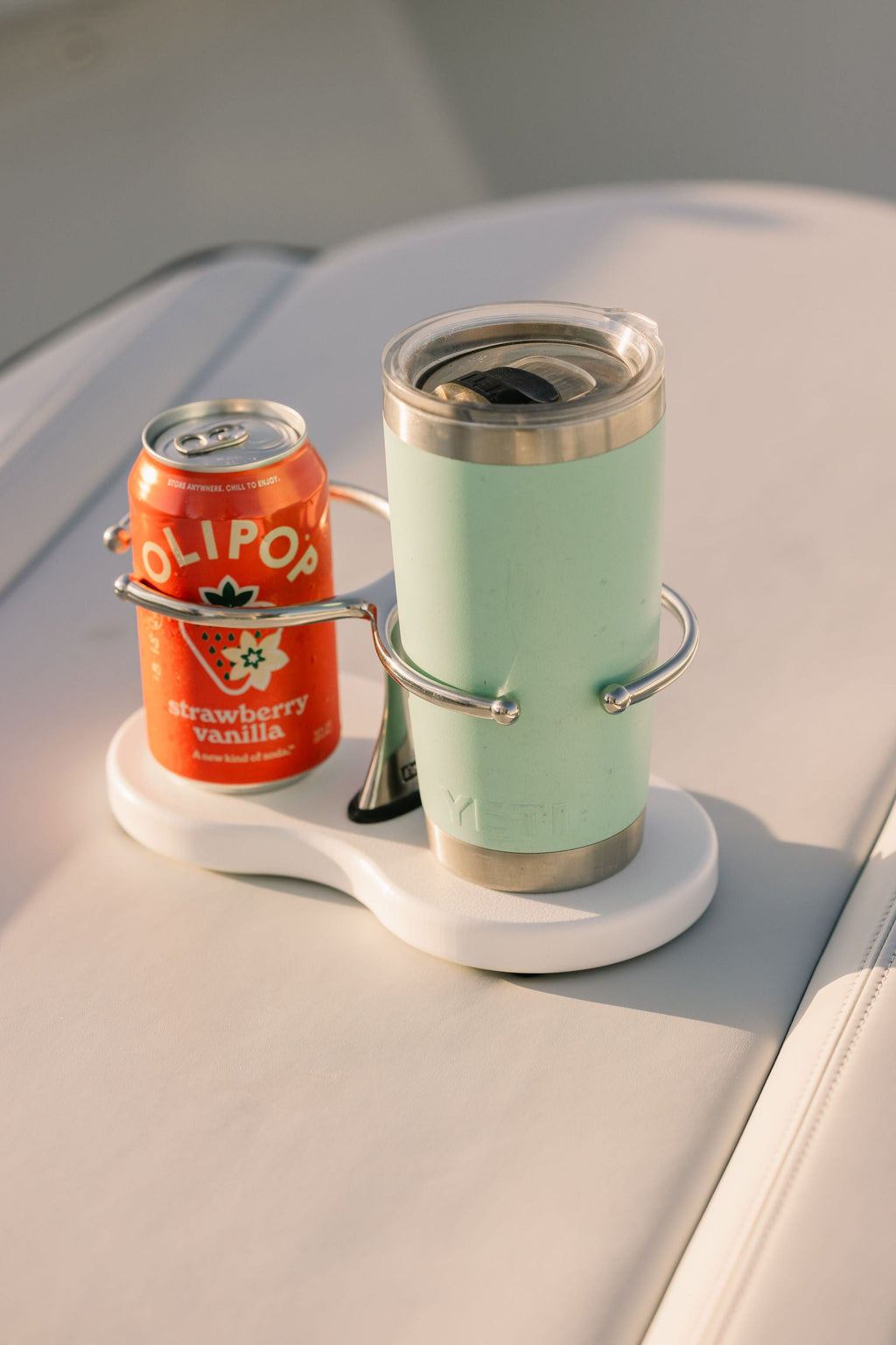 Drink Holder, Double, Stainless with White Poly Base