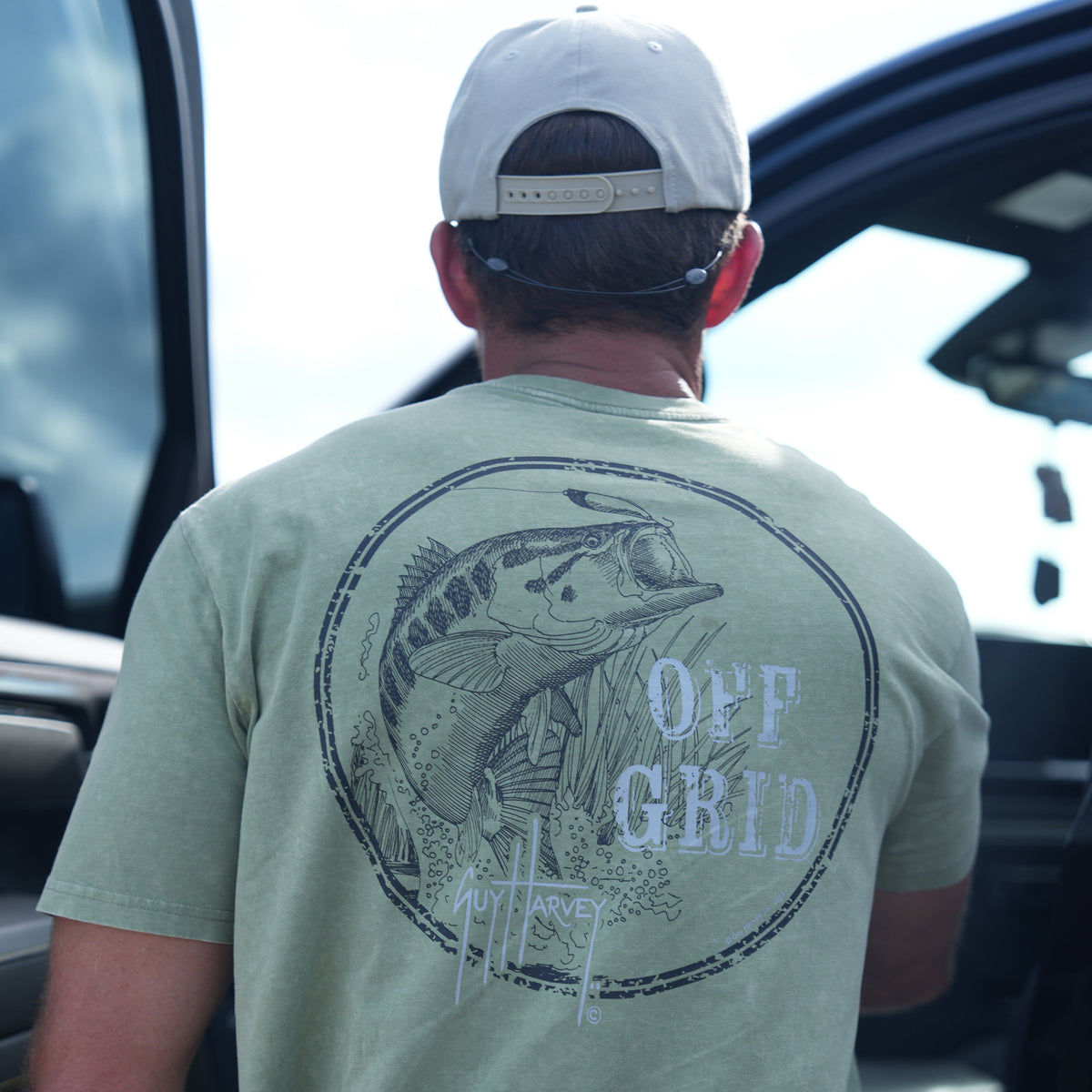 Guy Harvey Coastal Wash Pocket Tee - Off Grid Bass — OIL GREEN (official product shot)
