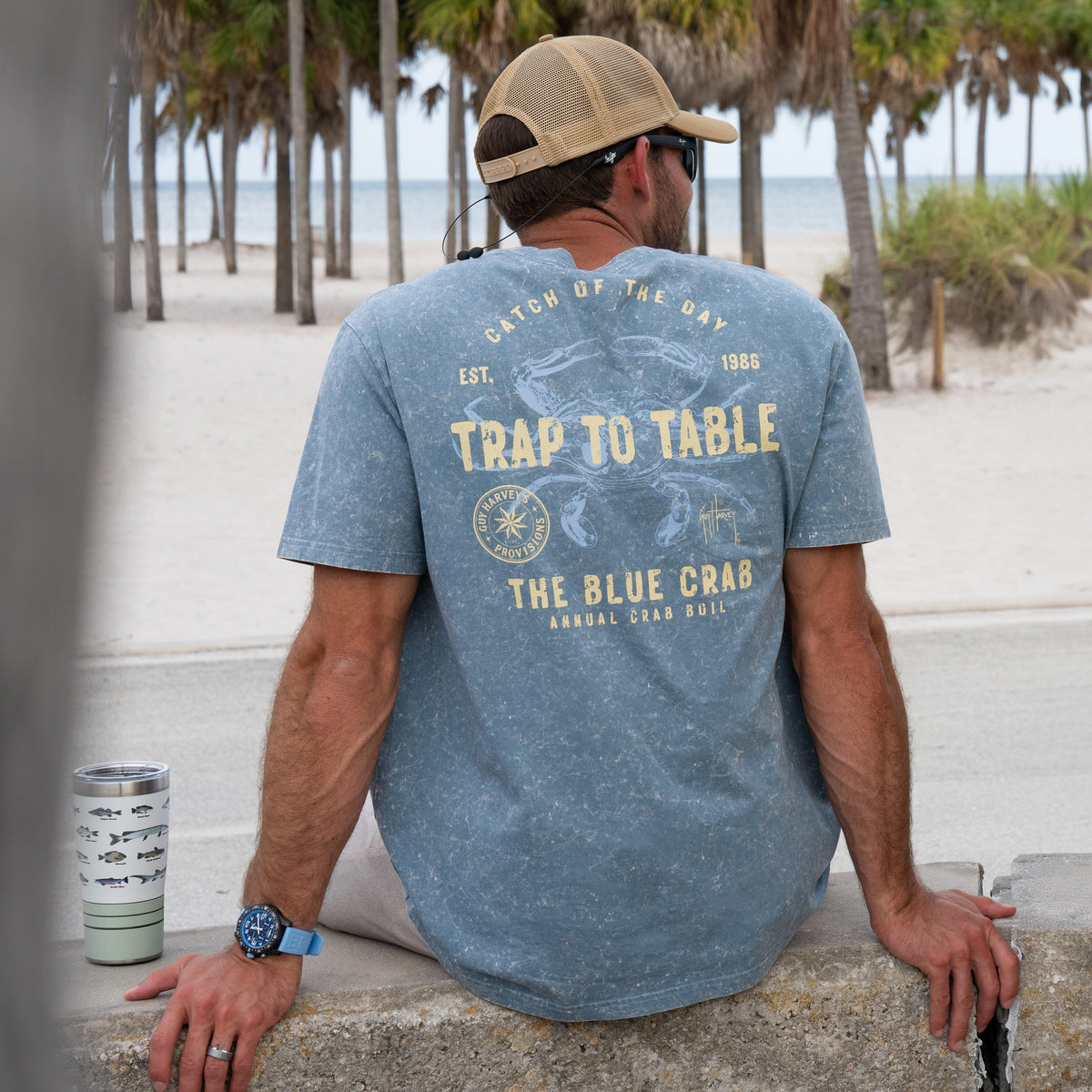 Guy Harvey Coastal Wash Pocket Tee - Trap To Table — WINDWARD BLUE (official product shot)