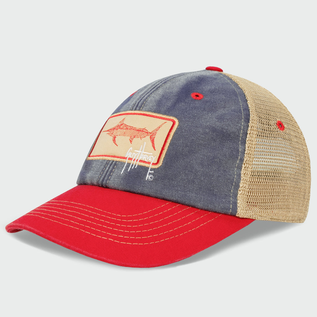 Guy Harvey Denim Billfish Trucker Hat — NAVY/RED (official product shot)