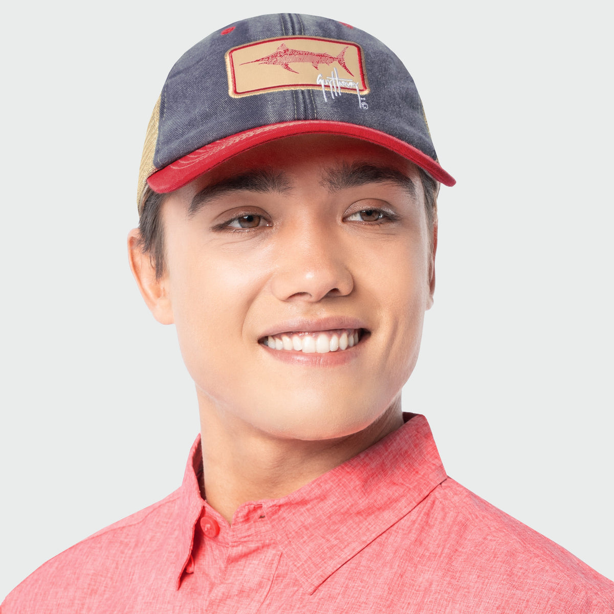 Guy Harvey Denim Billfish Trucker Hat — NAVY/RED (official product shot)
