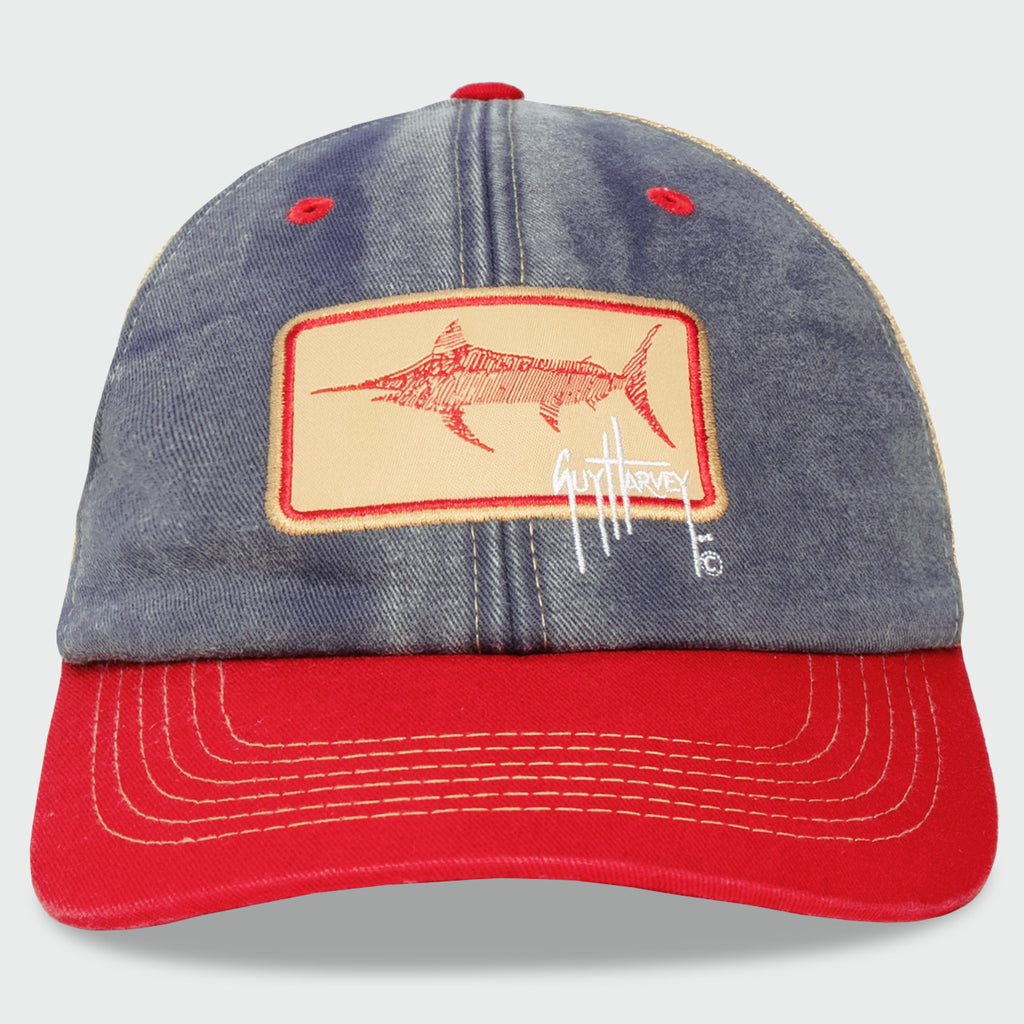 Guy Harvey Denim Billfish Trucker Hat — NAVY/RED (official product shot)