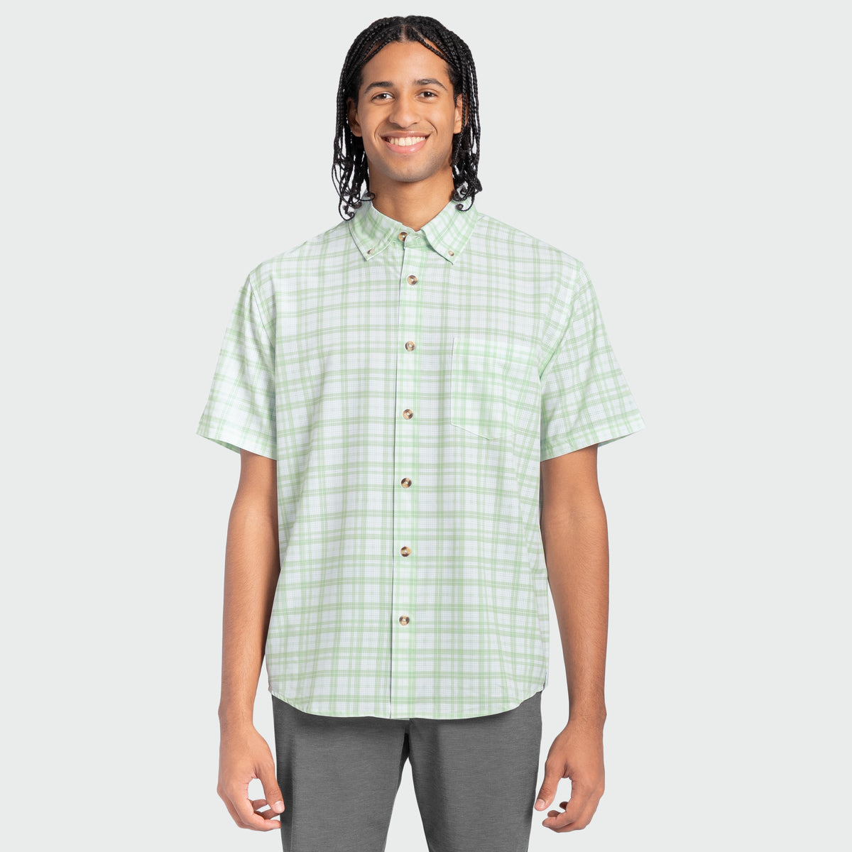 Guy Harvey Eco Angler Fishing Shirt - Checkered Plaid — SEAFOAM (official product shot)