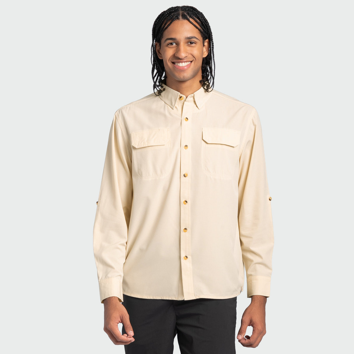 Guy Harvey Eco Angler Long Sleeve Fishing Shirt - Almond Milk — ALMOND MILK (official product shot)