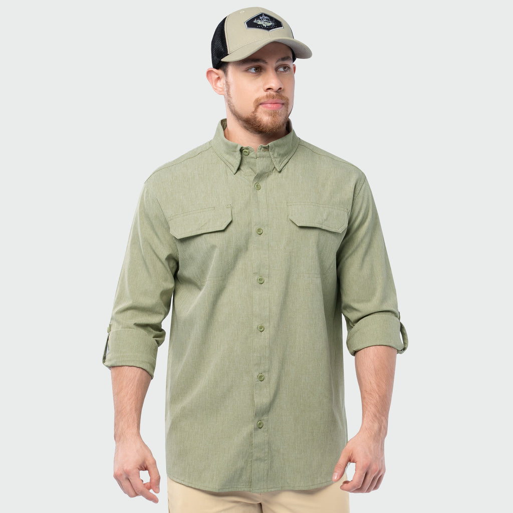 Guy Harvey Eco Angler Long Sleeve Fishing Shirt - Oil Green — OIL GREEN (official product shot)