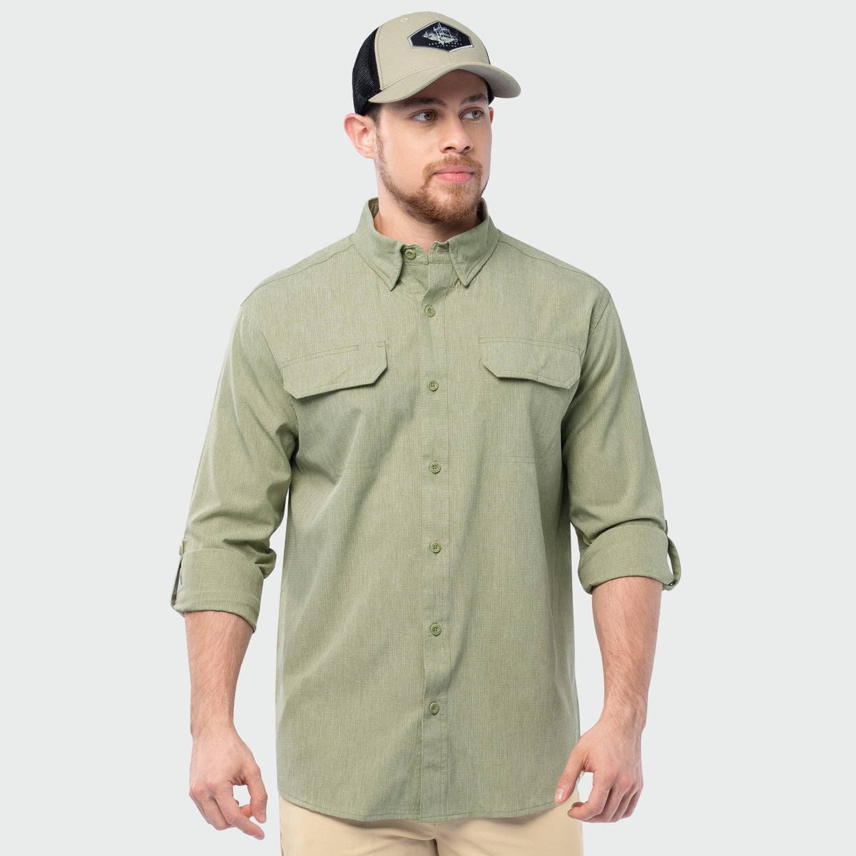 Guy Harvey Eco Angler Long Sleeve Fishing Shirt - Oil Green — OIL GREEN (official product shot)