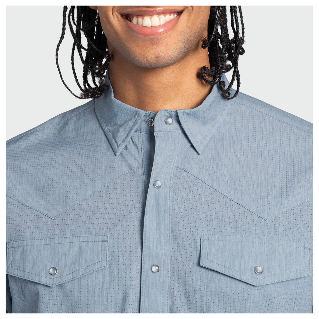 Guy Harvey Eco Angler Western Fishing Shirt - Faded Denim — FADED DENIM (official product shot)