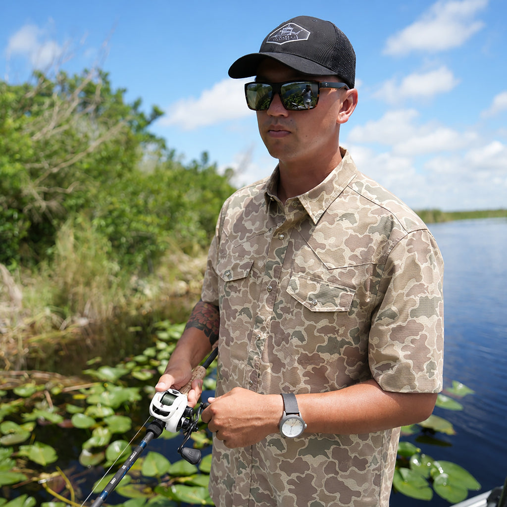Guy Harvey Eco Angler Western Fishing Shirt - Mallard Camo — ALMOND MILK (official product shot)
