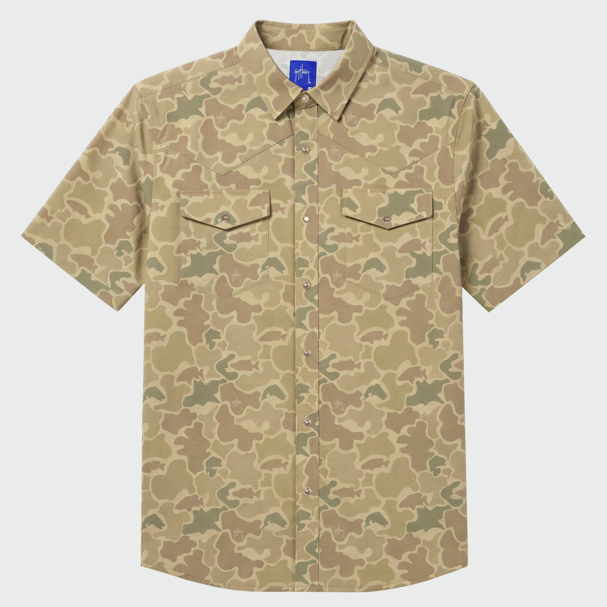 Guy Harvey Eco Angler Western Fishing Shirt - Mallard Camo — ALMOND MILK (official product shot)