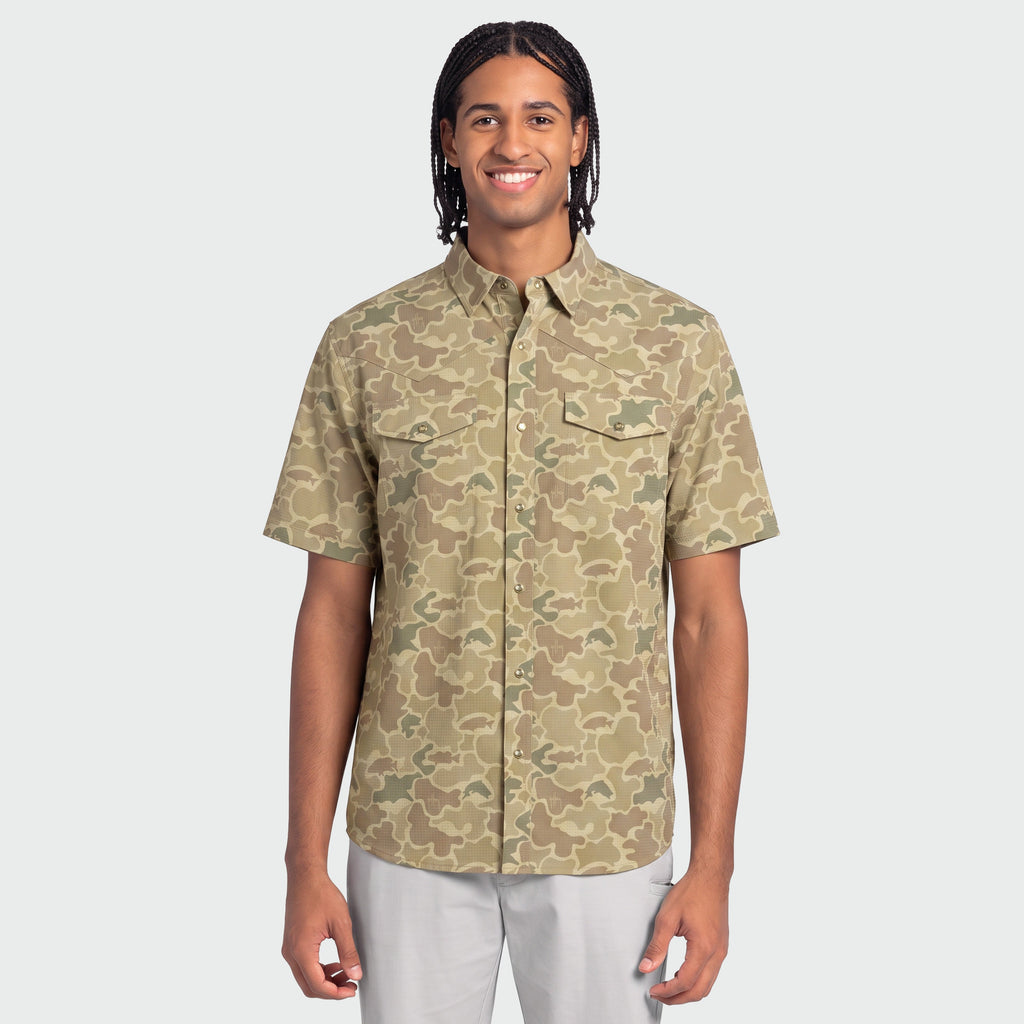 Guy Harvey Eco Angler Western Fishing Shirt - Mallard Camo — ALMOND MILK (official product shot)
