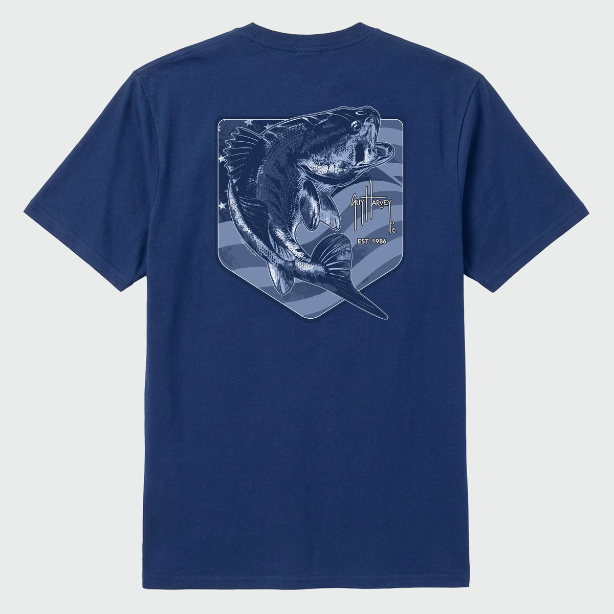 Guy Harvey OG Tee - Bass Badge — ESTATE BLUE (official product shot)