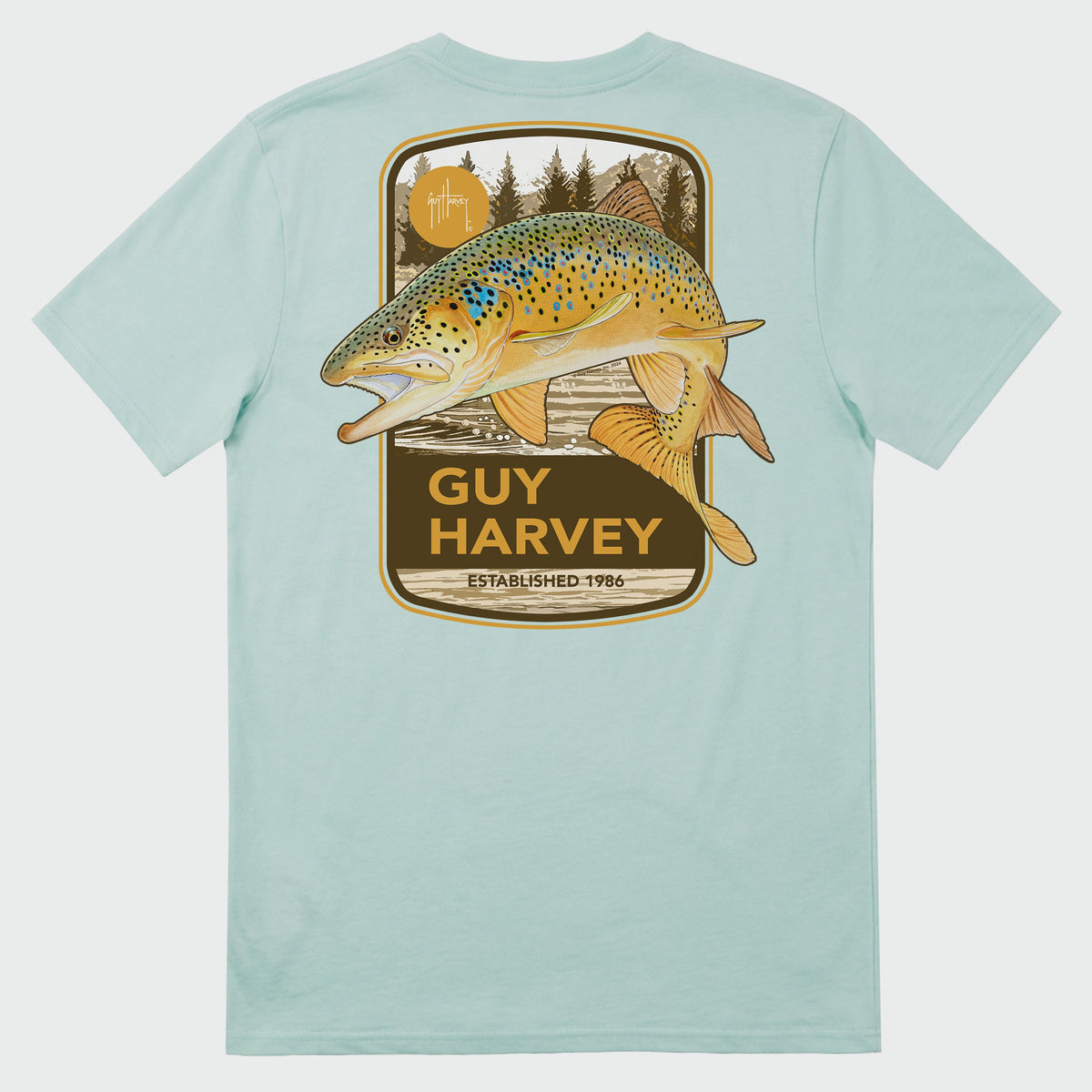 Guy Harvey HarborLite Pocket Tee - Brown Trout — BLUE SURF (official product shot)