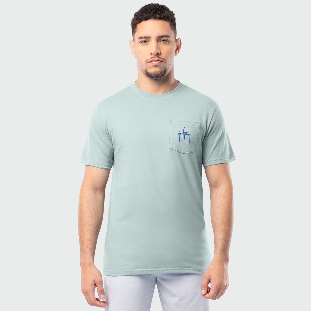Guy Harvey HarborLite Pocket Tee - Brown Trout — BLUE SURF (official product shot)