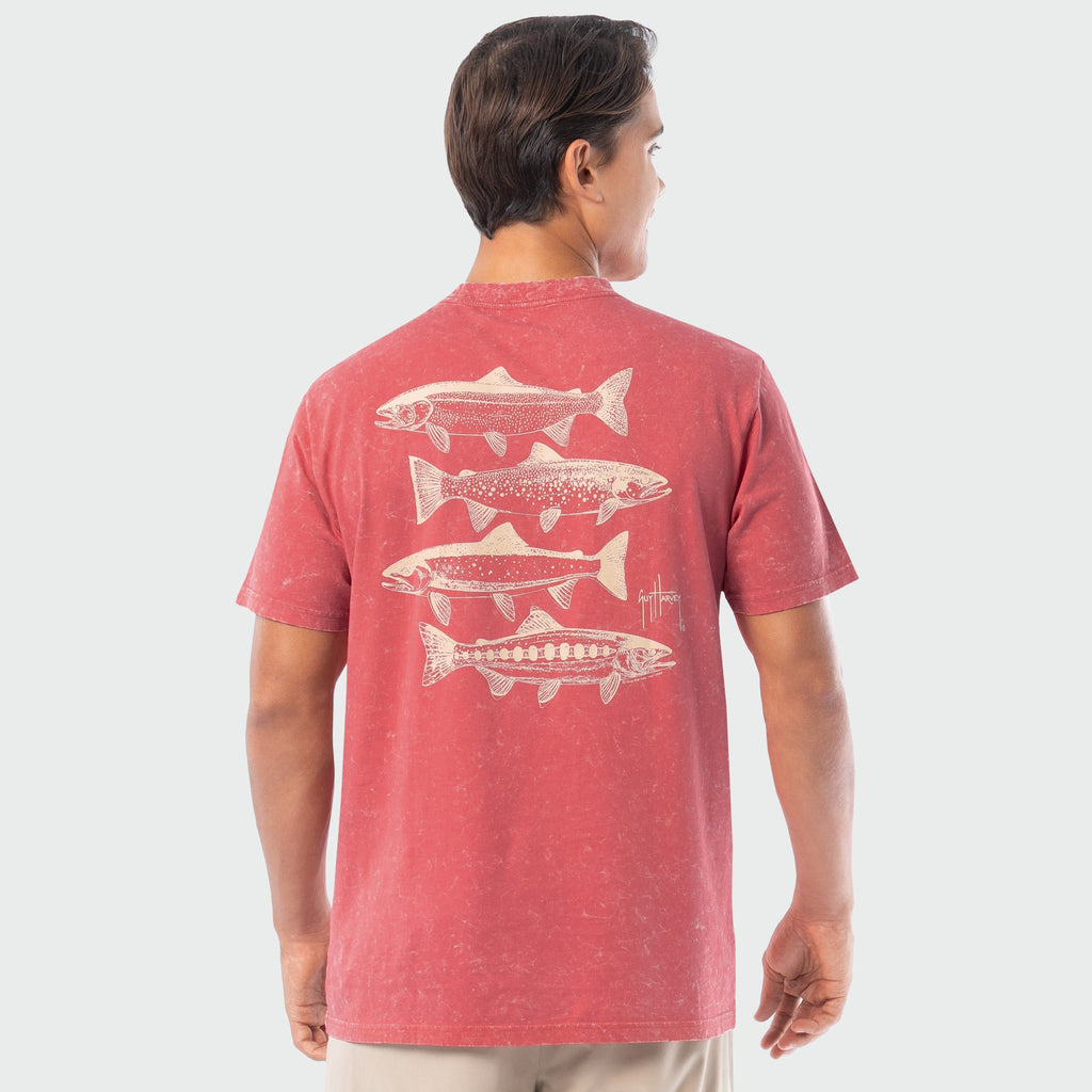Guy Harvey Coastal Wash Pocket Tee - River Collage — MINERAL RED (official product shot)