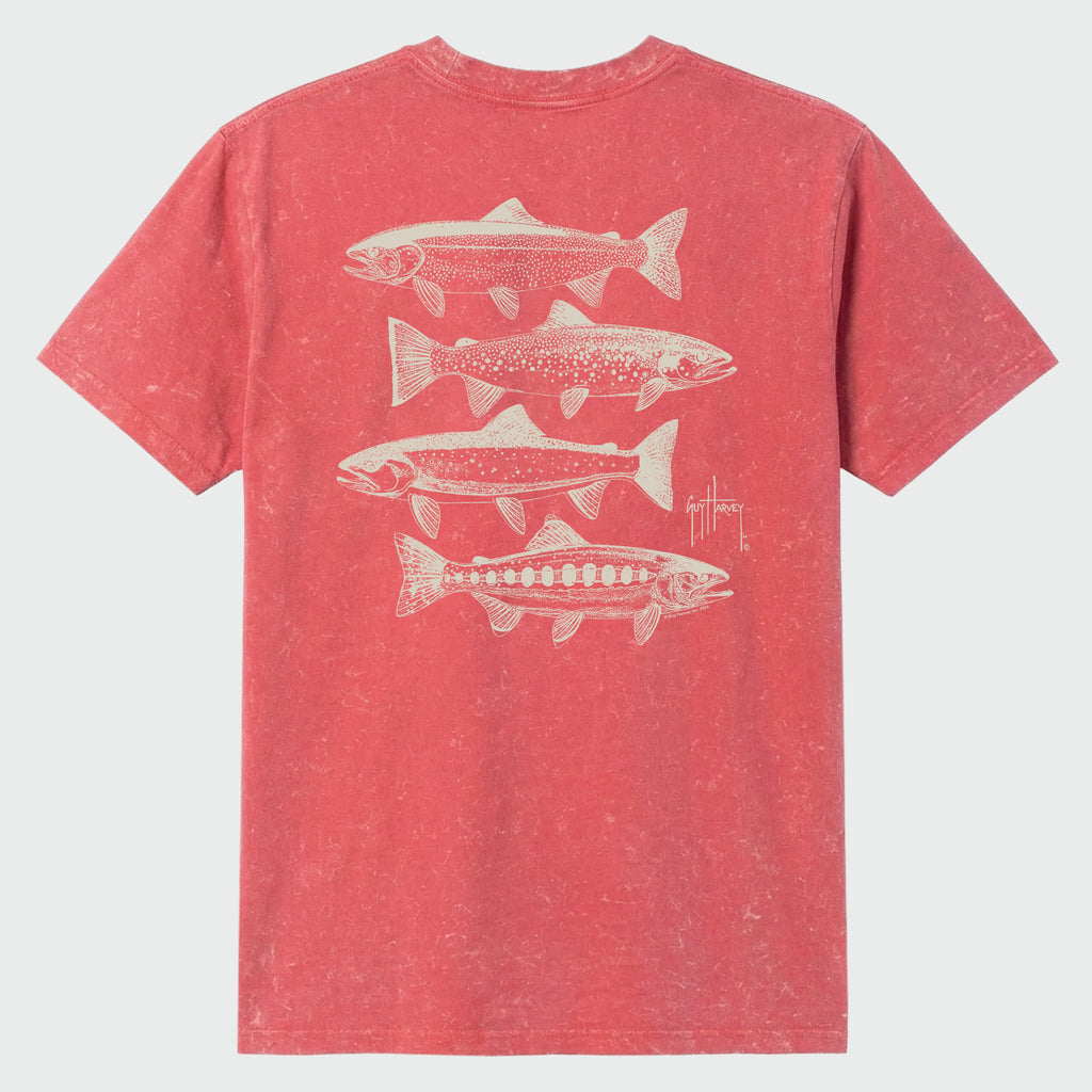 Guy Harvey Coastal Wash Pocket Tee - River Collage — MINERAL RED (official product shot)