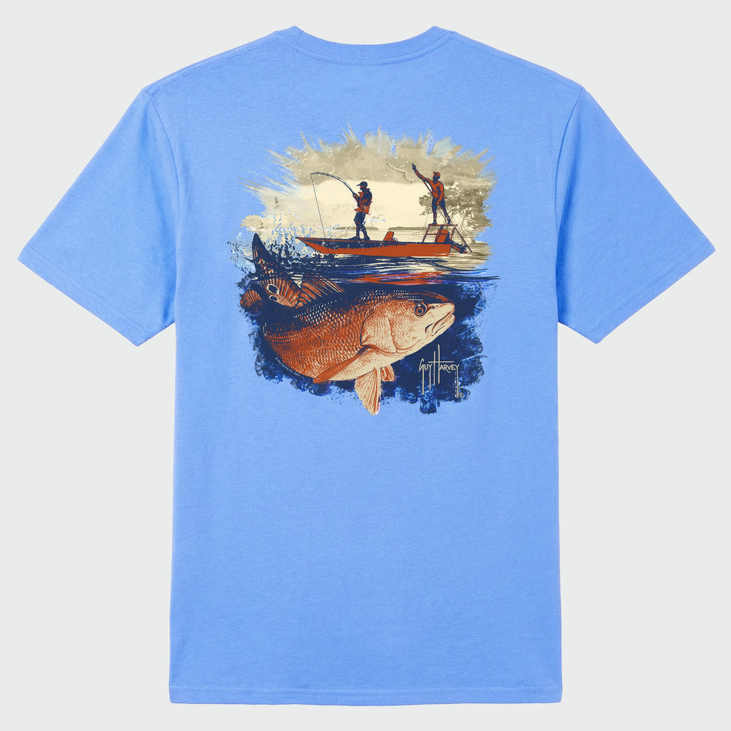 Guy Harvey OG Tee - Redfish Tailing — AZURE BLUE (official product shot)