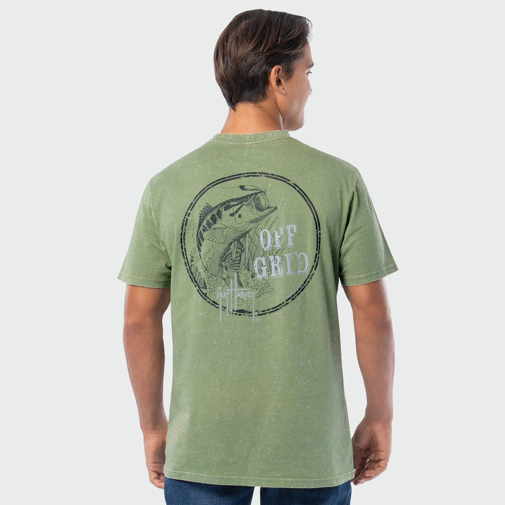 Guy Harvey Coastal Wash Pocket Tee - Off Grid Bass — OIL GREEN (official product shot)