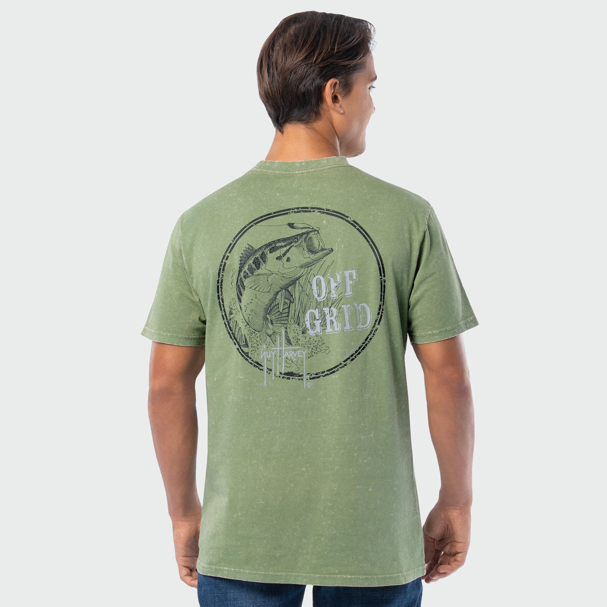 Guy Harvey Coastal Wash Pocket Tee - Off Grid Bass — OIL GREEN (official product shot)