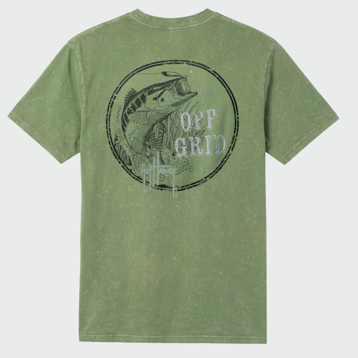 Guy Harvey Coastal Wash Pocket Tee - Off Grid Bass — OIL GREEN (official product shot)
