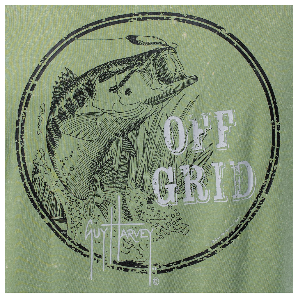 Guy Harvey Coastal Wash Pocket Tee - Off Grid Bass — OIL GREEN (official product shot)