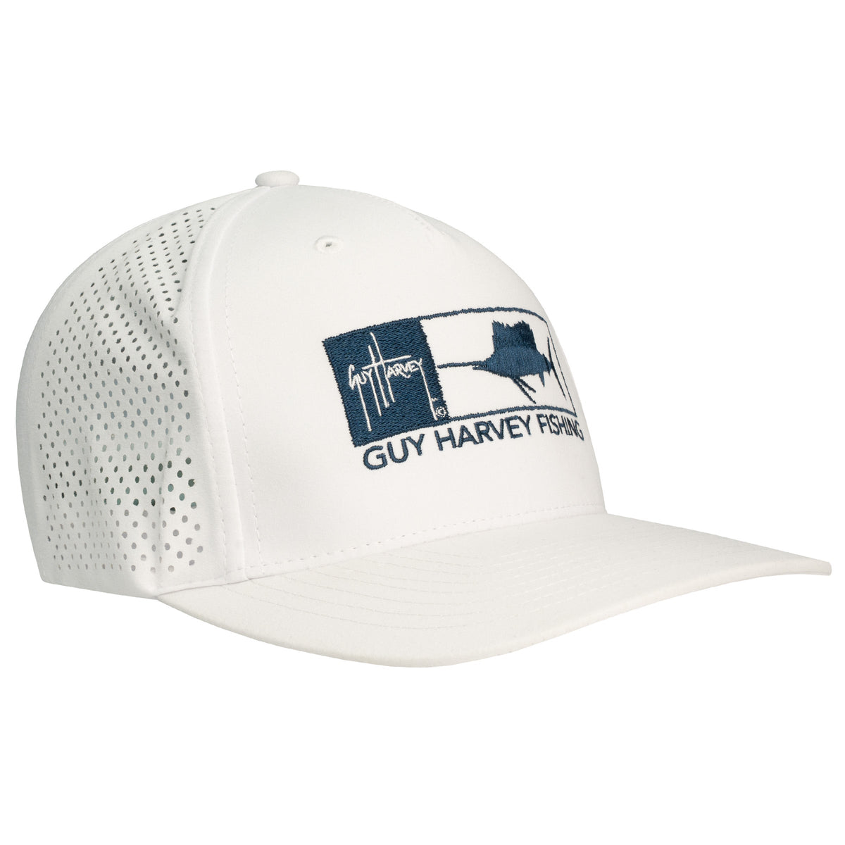 Guy Harvey Perforated Performance Sailfish Snapback — BRIGHT WHITE (official product shot)