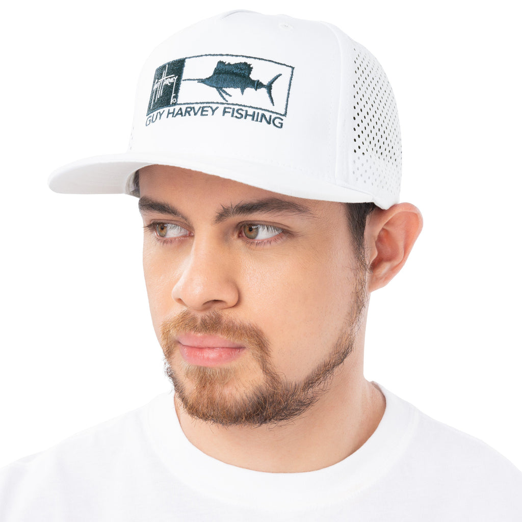 Guy Harvey Perforated Performance Sailfish Snapback — BRIGHT WHITE (official product shot)