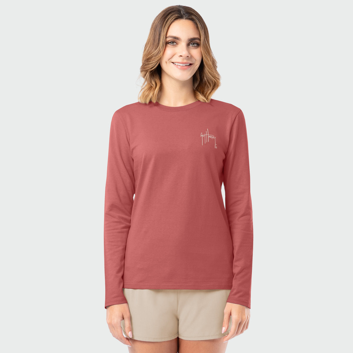 Guy Harvey HarborLite Long Sleeve Tee - Stamped — FADED ROSE (official product shot)