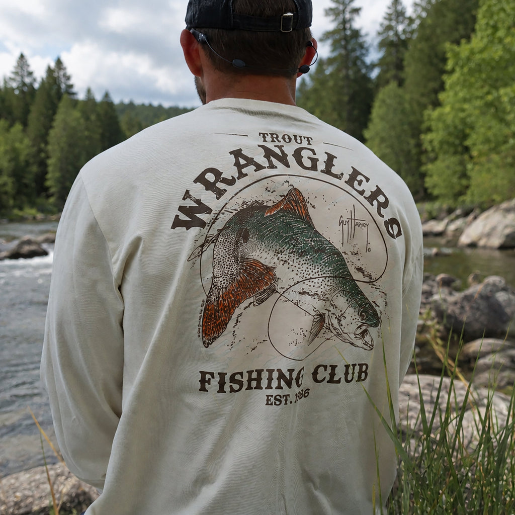 Guy Harvey HarborLite Long Sleeve Tee - Trout Wrangler — ALMOND MILK (official product shot)