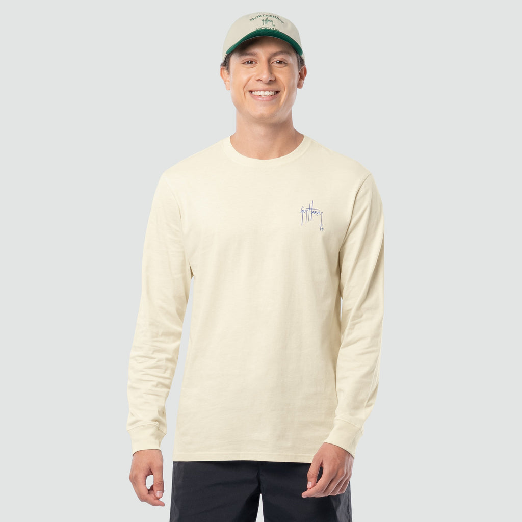 Guy Harvey HarborLite Long Sleeve Tee - Trout Wrangler — ALMOND MILK (official product shot)