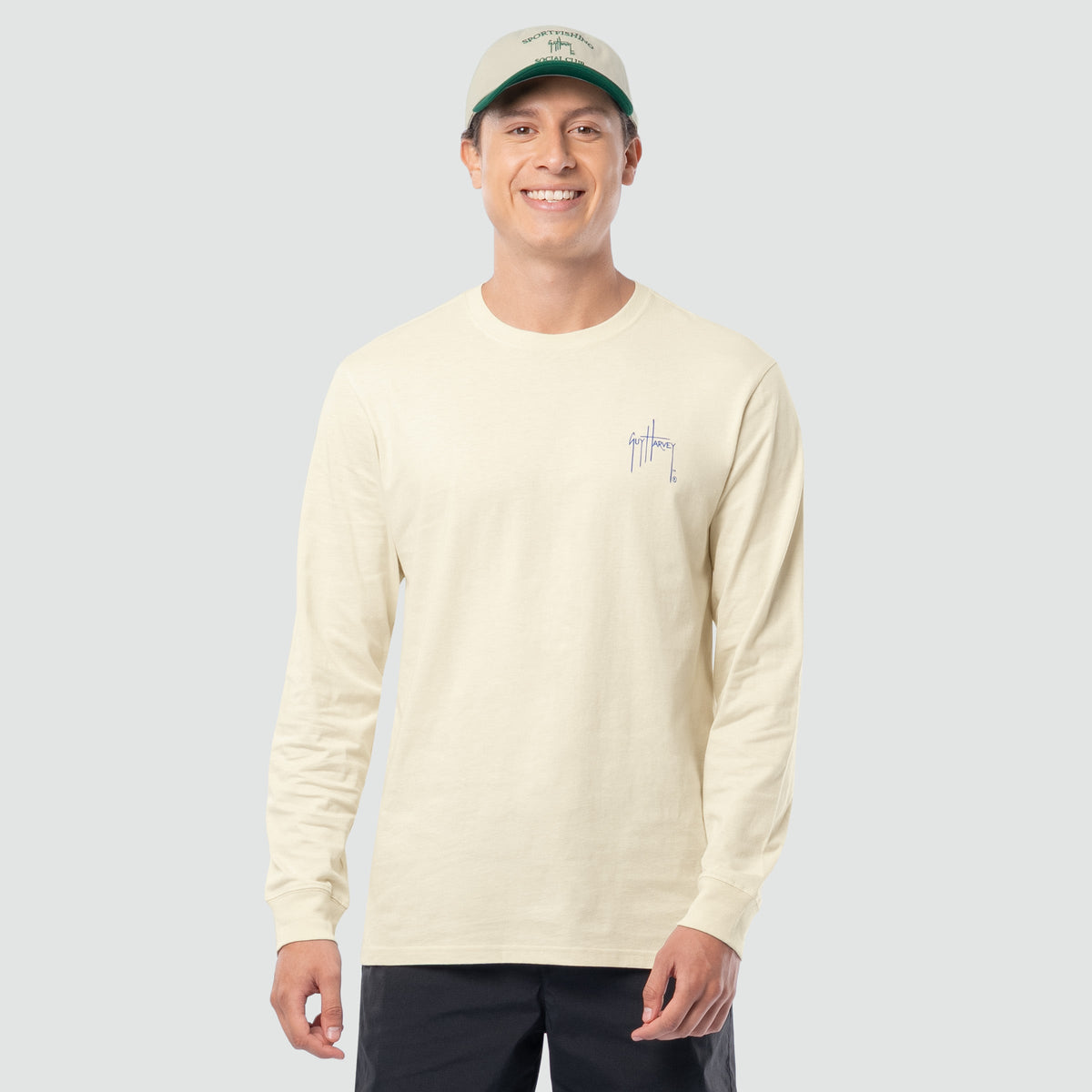 Guy Harvey HarborLite Long Sleeve Tee - Trout Wrangler — ALMOND MILK (official product shot)
