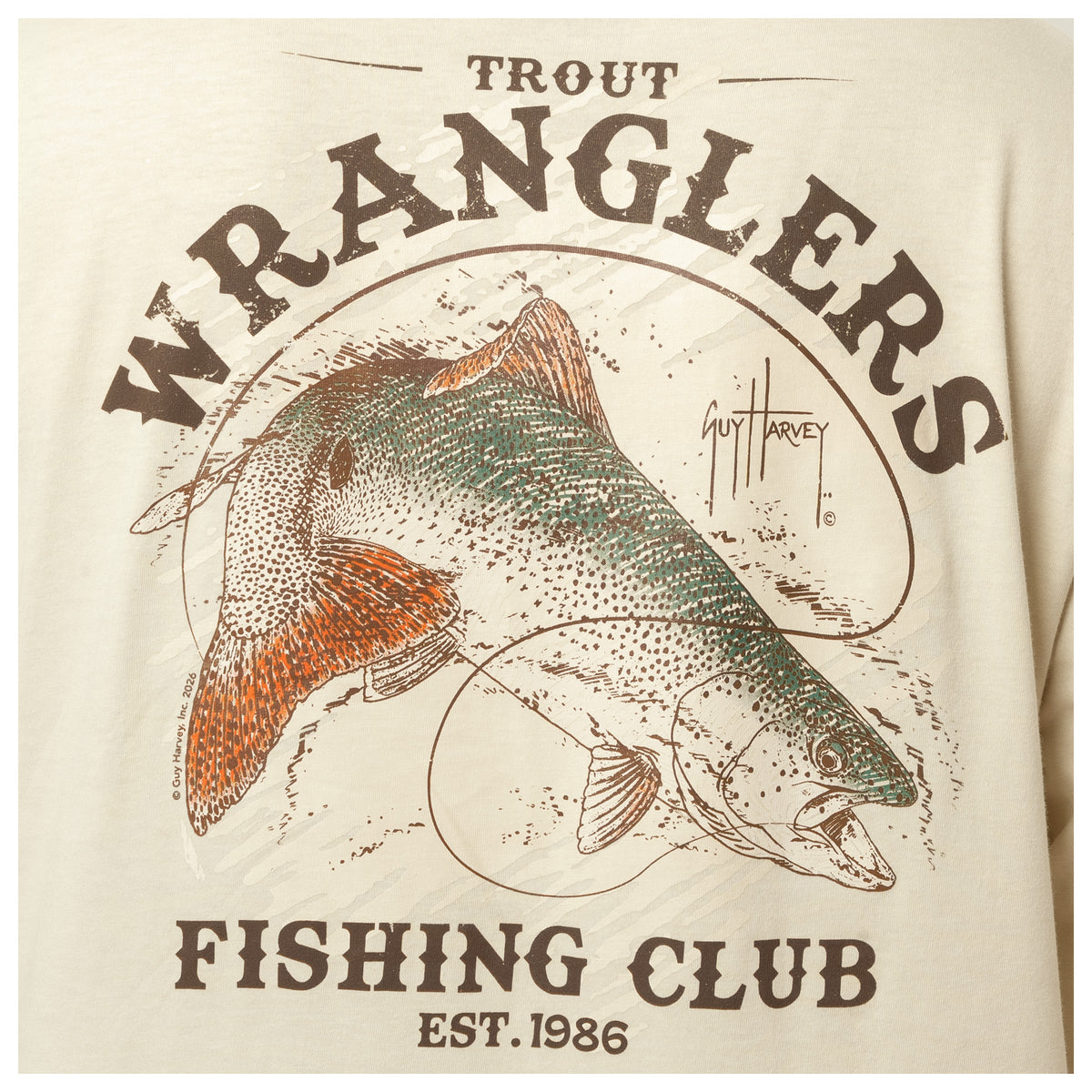 Guy Harvey HarborLite Long Sleeve Tee - Trout Wrangler — ALMOND MILK (official product shot)