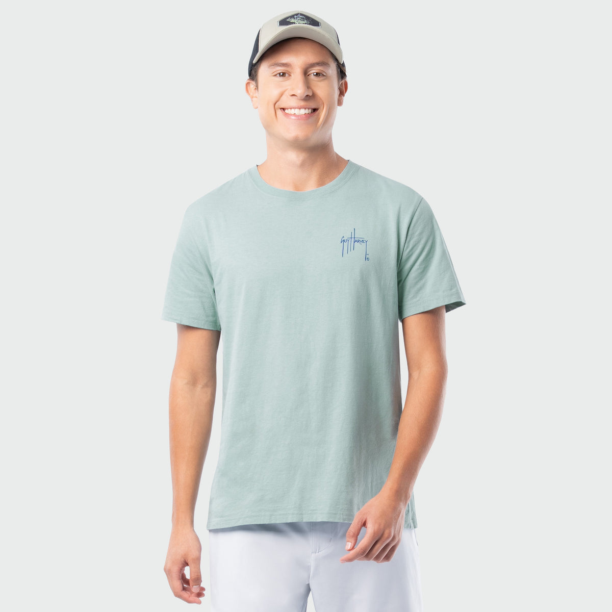 Guy Harvey HarborLite Tee - Bass Badge — BLUE SURF (official product shot)