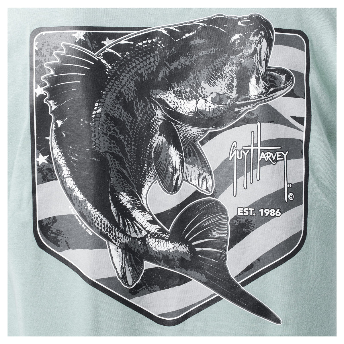 Guy Harvey HarborLite Tee - Bass Badge — BLUE SURF (official product shot)