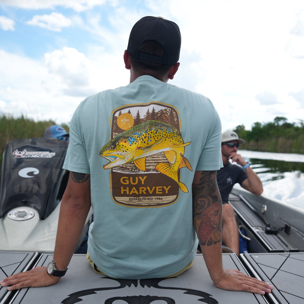 Guy Harvey HarborLite Pocket Tee - Brown Trout — BLUE SURF (official product shot)