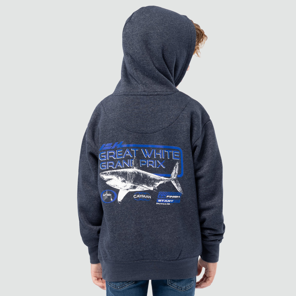 Guy Harvey Kids Tradewinds Fleece Hoodie - Great White Grand Prix — DARK NAVY HEATHER (official product shot)