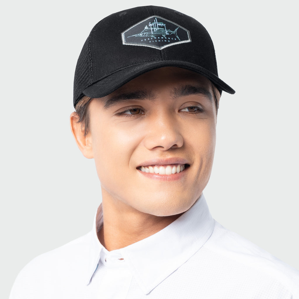 Guy Harvey Marlin Patch Trucker Hat — BLACK (official product shot)
