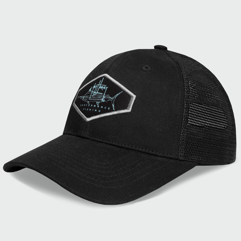 Guy Harvey Marlin Patch Trucker Hat — BLACK (official product shot)