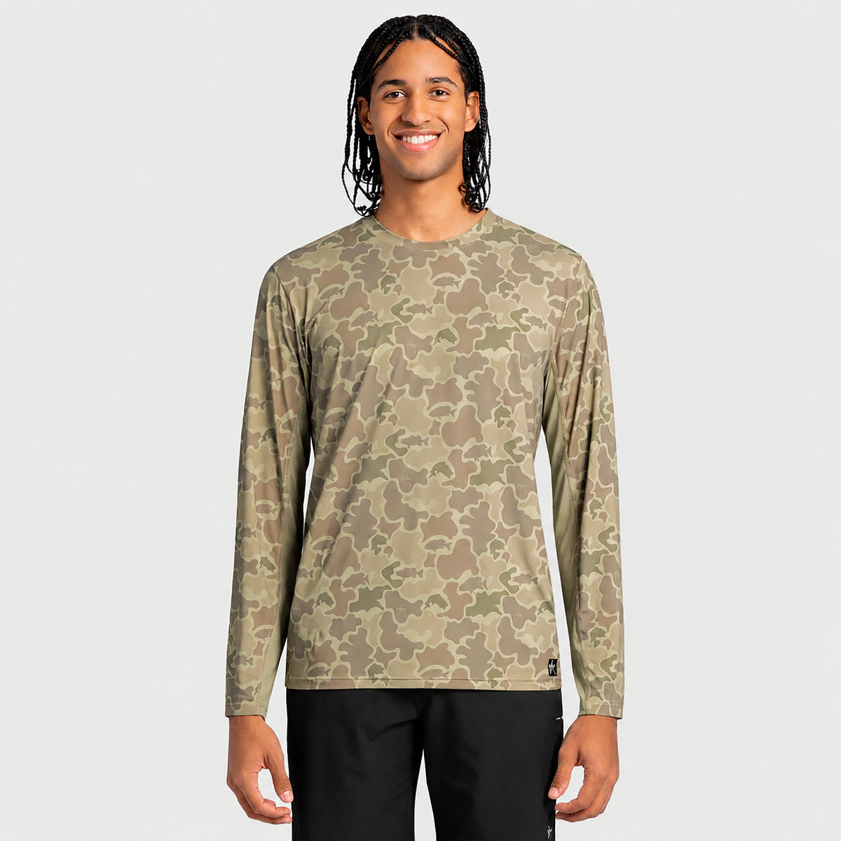 Guy Harvey Men's Marlin Air Sun Protection Printed Crew - Mallard Camo — ALMOND MILK (official product shot)