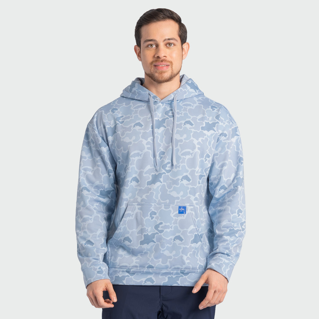 Guy Harvey Navigator Fleece Hoodie - Mallard Camo — WINDWARD BLUE (official product shot)