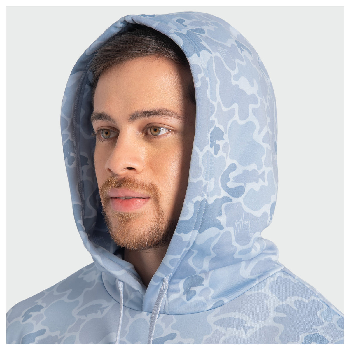 Guy Harvey Navigator Fleece Hoodie - Mallard Camo — WINDWARD BLUE (official product shot)