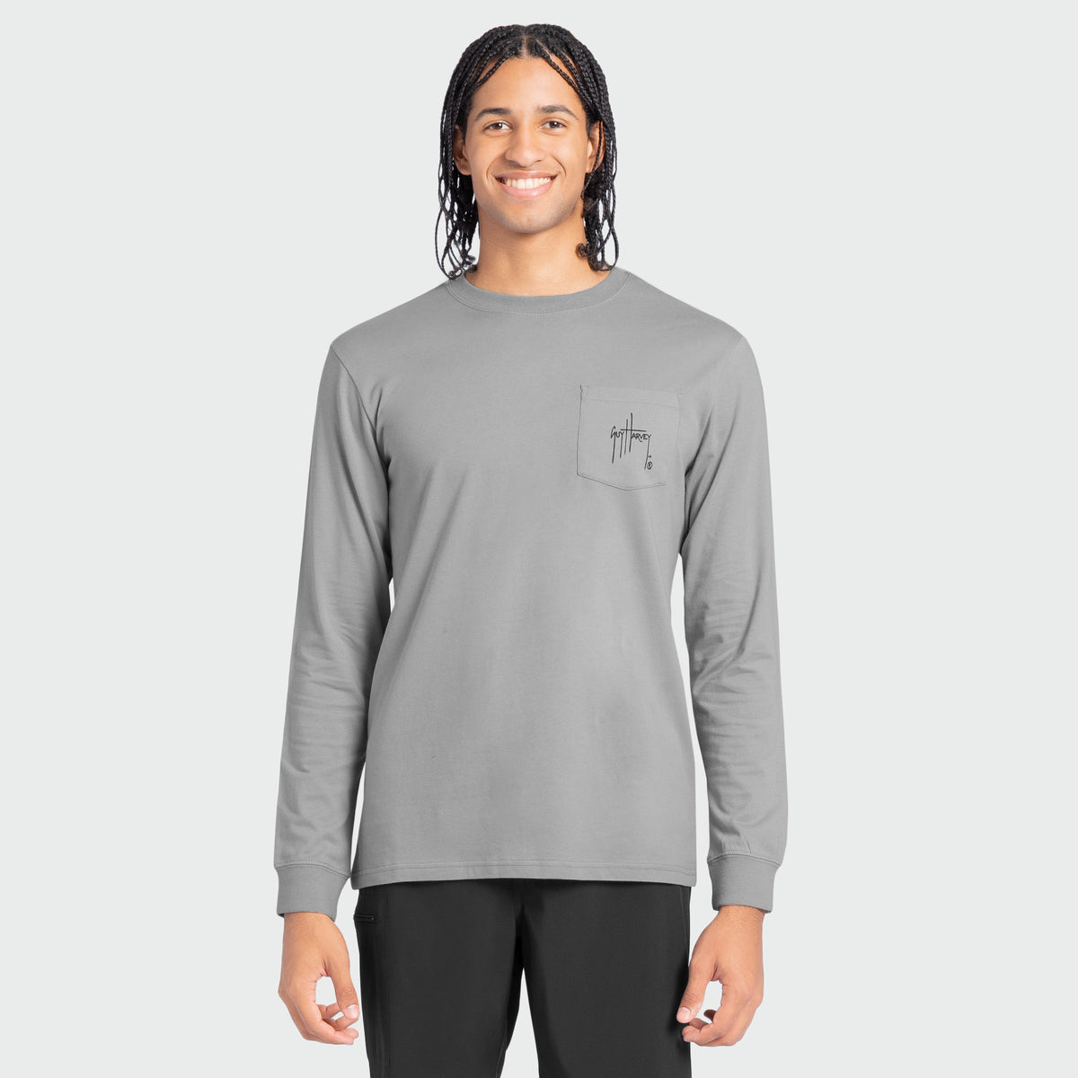 Guy Harvey OG Long Sleeve Pocket Tee - Bass Badge — ULTIMATE GREY (official product shot)