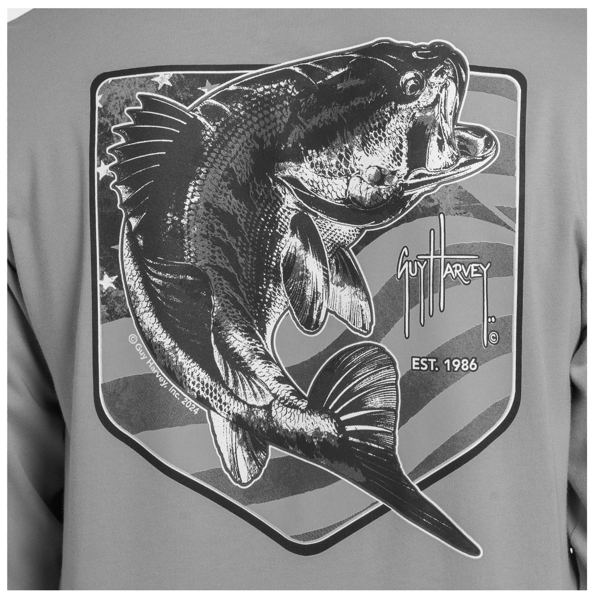 Guy Harvey OG Long Sleeve Pocket Tee - Bass Badge — ULTIMATE GREY (official product shot)