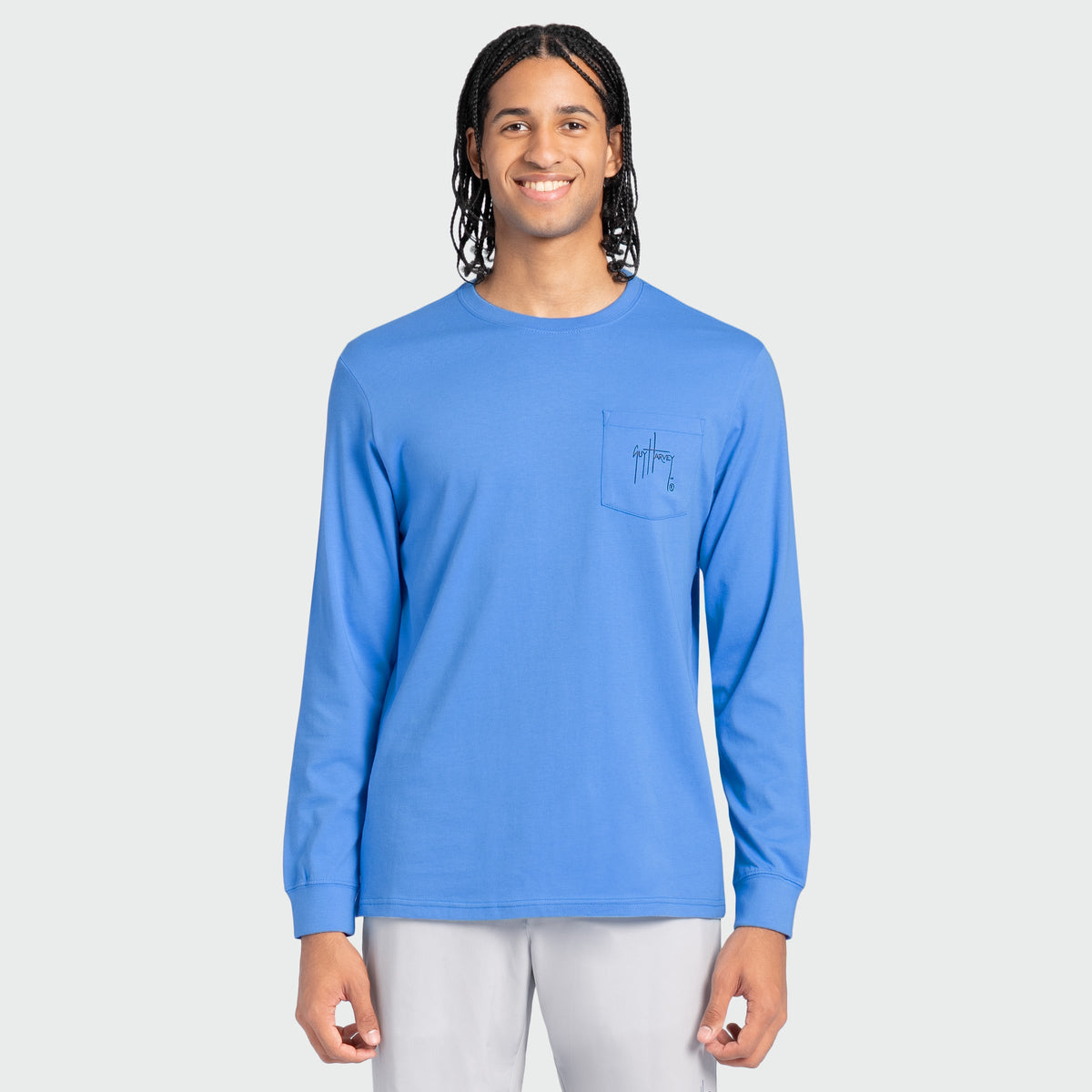 Guy Harvey OG Long Sleeve Pocket Tee - Harvey's Bait Co. — AZURE BLUE (official product shot)